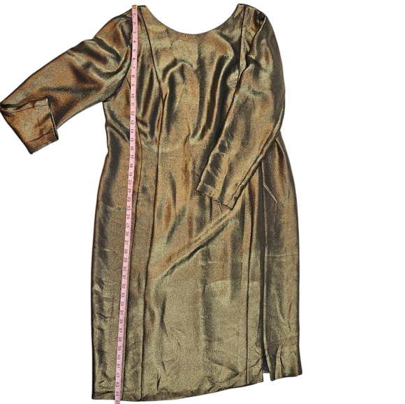 Akris Gold Metallic 100% Mulberry Silk Sheath Dress Sz 16 Evening Party Wedding - Picture 15 of 16